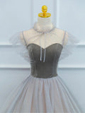 Lovely Velvet and Tulle Floor Length Prom Dress, Gray A-Line Formal Evening Dress HZ1024