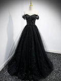 Black Tulle Beaded Floor Length Prom Dress, Black A-Line Off-Shoulder Evening Party Dress HZ1024