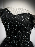 Black Tulle Beaded Floor Length Prom Dress, Black A-Line Off-Shoulder Evening Party Dress HZ1024