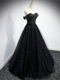 Black Tulle Beaded Floor Length Prom Dress, Black A-Line Off-Shoulder Evening Party Dress HZ1024
