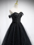 Black Tulle Beaded Floor Length Prom Dress, Black A-Line Off-Shoulder Evening Party Dress HZ1024