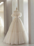 Light Champagne Tulle Lace Floor Length Prom Dress, Beautiful A-Line Evening Party Dress HZ1024