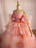 Pink Sweetheart Neck Tulle Long Ball Gown, Beautiful A-Line Evening Party Gown HZ1024
