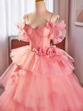 Pink Spaghetti Strap Tulle Long Prom Dress, Beautiful A-Line Sweet 16 Dress HZ1024