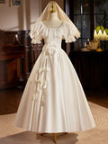 White Satin Tea Length Prom Dress with Lace, Retro A-Line Evening Party Dress HZ1024
