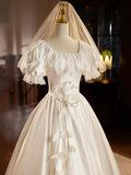 White Satin Tea Length Prom Dress with Lace, Retro A-Line Evening Party Dress HZ1024