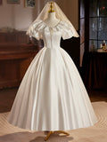 Retro Satin Tea Length Prom Dress with Lace, White A-Line Evening Party Dress HZ1024