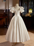Retro Satin Tea Length Prom Dress with Lace, White A-Line Evening Party Dress HZ1024