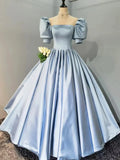 Blue Satin Floor Length Prom Dress, A-Line Short Sleeve Evening Party Dress HZ1024