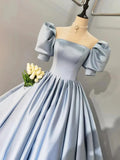 Blue Satin Floor Length Prom Dress, A-Line Short Sleeve Evening Party Dress HZ1024
