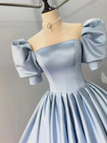 Blue Satin Floor Length Prom Dress, A-Line Short Sleeve Evening Party Dress HZ1024