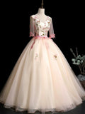 Champagne V-Neck Tulle Lace Long Prom Dress, A-Line Lovely Evening Party Dress HZ1024