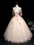 Champagne V-Neck Tulle Lace Long Prom Dress, A-Line Lovely Evening Party Dress HZ1024