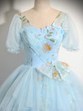 Blue Tulle Floor Length Prom Dress, Beautiful Short Sleeve Evening Party Dress HZ1024