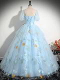 Blue Tulle Floor Length Prom Dress, Beautiful Short Sleeve Evening Party Dress HZ1024
