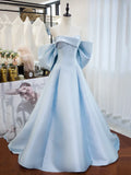 Blue Satin Long Prom Dress, A-Line Off the Shoulder Evening Party Dress HZ1024