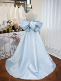 Blue Satin Long Prom Dress, A-Line Off the Shoulder Evening Party Dress HZ1024