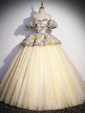 Champagne Floral Tulle Long Formal Dress, Off the Shoulder A-Line Evening Party Gown HZ1024