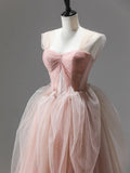 Pink Tulle Lace Long Prom Dress, Beautiful A-Line Evening Party Dress HZ1024