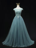 Blue Scoop Neckline Tulle Lace Long Prom Dress, Beautiful Lace Formal Evening Dress HZ1024
