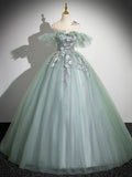 Cute Tulle Lace Long Prom Dress, A-Line Scoop Neckline Off Shoulder Evening Party Dress HZ1024