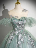 Cute Tulle Lace Long Prom Dress, A-Line Scoop Neckline Off Shoulder Evening Party Dress HZ1024