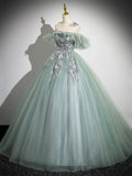 Cute Tulle Lace Long Prom Dress, A-Line Scoop Neckline Off Shoulder Evening Party Dress HZ1024