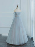 Dusty Blue Tulle Sequins Long Prom Dress, Off the Shoulder Long Sleeve Evening Party Dress HZ1024