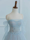 Dusty Blue Tulle Sequins Long Prom Dress, Off the Shoulder Long Sleeve Evening Party Dress HZ1024