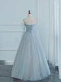 Dusty Blue Tulle Sequins Long Prom Dress, Off the Shoulder Long Sleeve Evening Party Dress HZ1024