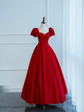 Dark Red Satin Long Prom Dress, A-Line Short Sleeve Evening Party Dress HZ1024