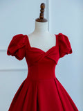 Dark Red Satin Long Prom Dress, A-Line Short Sleeve Evening Party Dress HZ1024