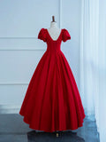 Dark Red Satin Long Prom Dress, A-Line Short Sleeve Evening Party Dress HZ1024