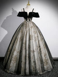 Black Velvet Tulle Sequins Floor Length Prom Dress, Off the Shoulder Evening Party Dress HZ1024