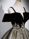 Black Velvet Tulle Sequins Floor Length Prom Dress, Off the Shoulder Evening Party Dress HZ1024