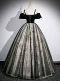 Black Velvet Tulle Sequins Floor Length Prom Dress, Off the Shoulder Evening Party Dress HZ1024