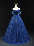 Beautiful Blue Tulle Floor Length Prom Dress, A-Line Off the Shoulder Princess Dress Evening Dress HZ1024