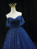 Beautiful Blue Tulle Floor Length Prom Dress, A-Line Off the Shoulder Princess Dress Evening Dress HZ1024