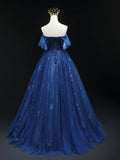 Beautiful Blue Tulle Floor Length Prom Dress, A-Line Off the Shoulder Princess Dress Evening Dress HZ1024