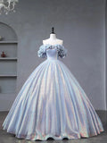 Blue Tulle Sequins Long Formal Dress, Off the Shoulder Princess Dress Sweet 16 Dress HZ1024