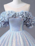 Blue Tulle Sequins Long Formal Dress, Off the Shoulder Princess Dress Sweet 16 Dress HZ1024