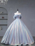 Blue Tulle Sequins Long Formal Dress, Off the Shoulder Princess Dress Sweet 16 Dress HZ1024