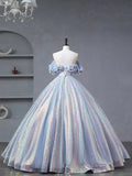 Blue Tulle Sequins Long Formal Dress, Off the Shoulder Princess Dress Sweet 16 Dress HZ1024