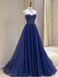 Blue Spaghetti Straps Tulle Beaded Long Formal Dress, Blue A-Line Evening Dress with Corset HZ1024