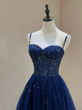 Blue Spaghetti Straps Tulle Beaded Long Formal Dress, Blue A-Line Evening Dress with Corset HZ1024