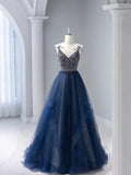 Blue Tulle Beaded Long Prom Dress, A-Line Spaghetti Strap Formal Evening Dress HZ1024
