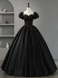 Black Scoop Neckline Satin Lace Long Prom Dress, A-Line Short Sleeve Party Dress HZ1024