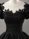 Black Scoop Neckline Satin Lace Long Prom Dress, A-Line Short Sleeve Party Dress HZ1024