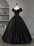 Black Scoop Neckline Satin Lace Long Prom Dress, A-Line Short Sleeve Party Dress HZ1024