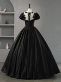 Black Scoop Neckline Satin Lace Long Prom Dress, A-Line Short Sleeve Party Dress HZ1024